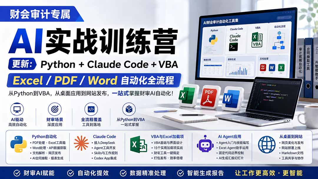 财会审计专属 AI实战训练营：Python+Claude Code+VBA，Excel/PDF/Word自动化全流程 (更新网络赚钱,项目资源网,副业资源网,兼职项目,网赚课程-副业赚钱-互联网创业-独家轻创IP大圣网创