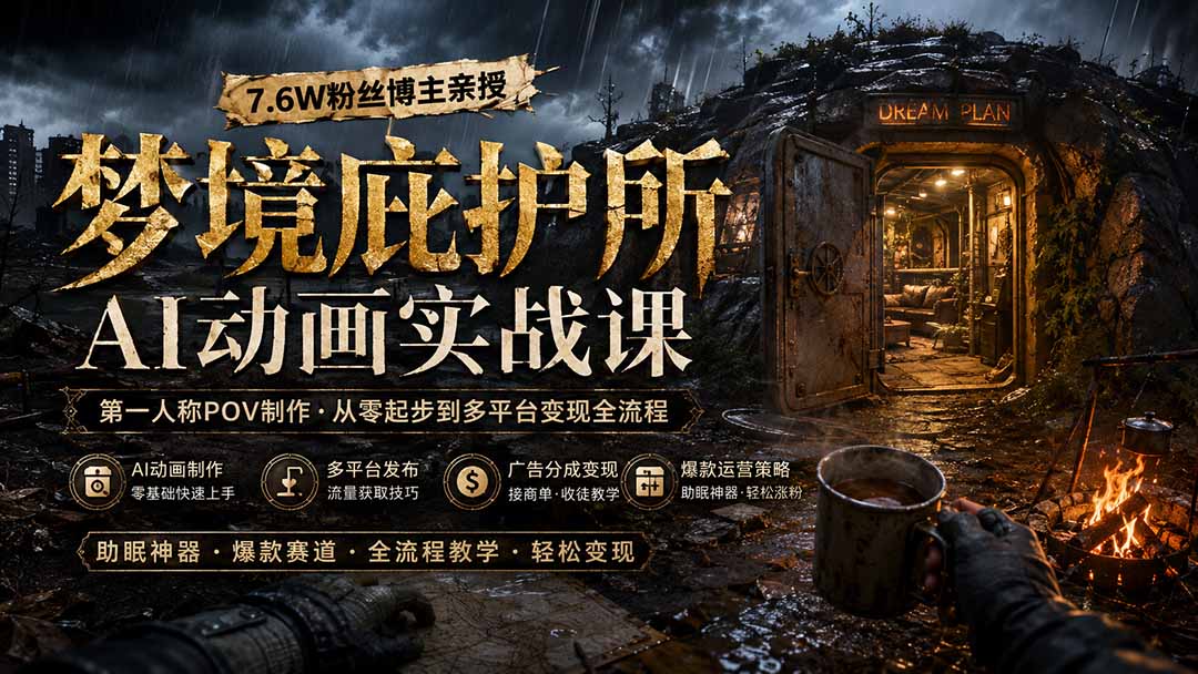 梦境庇护所AI动画实战课：7.6W粉丝博主亲授第一人称POV制作，从零起步到多平台发布变现全流程网络赚钱,项目资源网,副业资源网,兼职项目,网赚课程-副业赚钱-互联网创业-独家轻创IP大圣网创