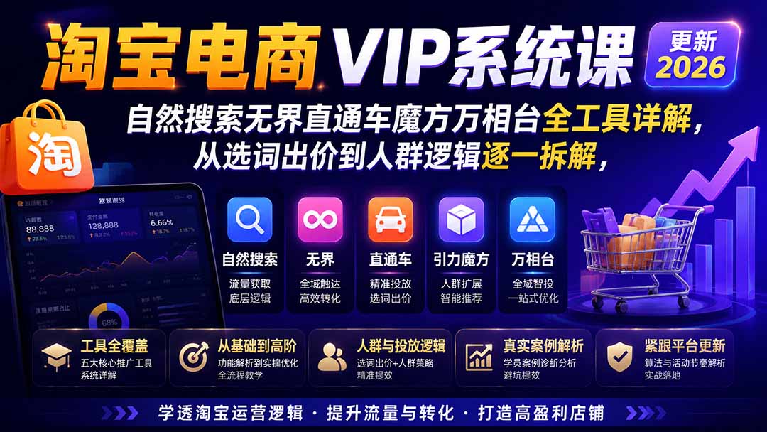 淘宝电商VIP系统课-更新8月；自然搜索无界直通车魔方万相台全工具详解，从选词出价到人群逻辑逐一拆解网络赚钱,项目资源网,副业资源网,兼职项目,网赚课程-副业赚钱-互联网创业-独家轻创IP大圣网创