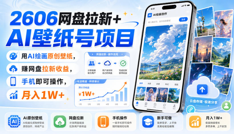 2606网盘拉新+AI壁纸号项目，用AI绘画原创壁纸，賺网盘拉新收益，手机即可操作，月入1W+网络赚钱,项目资源网,副业资源网,兼职项目,网赚课程-副业赚钱-互联网创业-独家轻创IP大圣网创