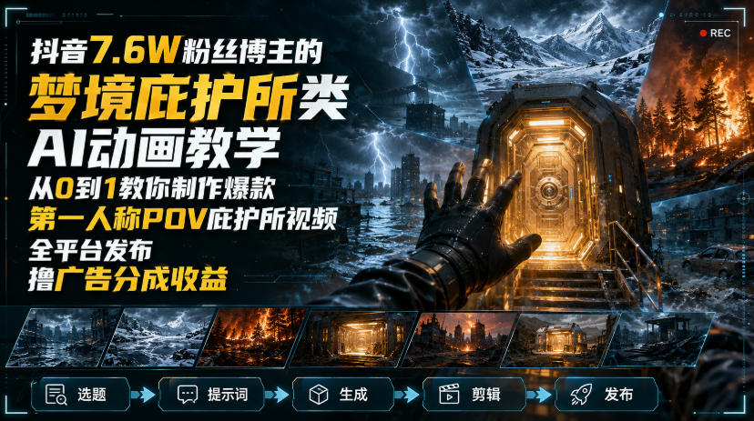 抖音7.6W粉丝博主的梦境庇护所类AI动画教学，从0到1教你制作爆款第一人称POV庇护所视频，全平台发布撸广告分成收益网络赚钱,项目资源网,副业资源网,兼职项目,网赚课程-副业赚钱-互联网创业-独家轻创IP大圣网创