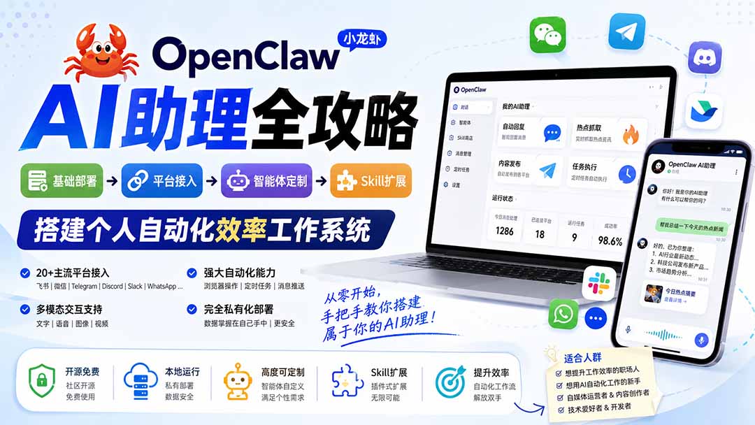OpenClaw小龙虾 AI助理全攻略:基础部署→平台接入→智能体定制→Skill扩展,搭建个人自动化效率工作系统网络赚钱,项目资源网,副业资源网,兼职项目,网赚课程-副业赚钱-互联网创业-独家轻创IP大圣网创