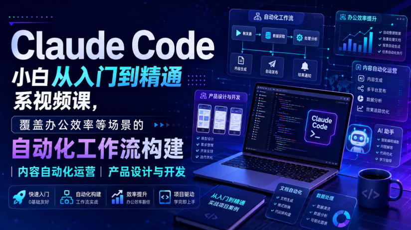 Claude Code小白从入门到精通系视频课,覆盖办公效率等场景的自动化工作流构建|内容自动化运营|产品设计与开发网络赚钱,项目资源网,副业资源网,兼职项目,网赚课程-副业赚钱-互联网创业-独家轻创IP大圣网创