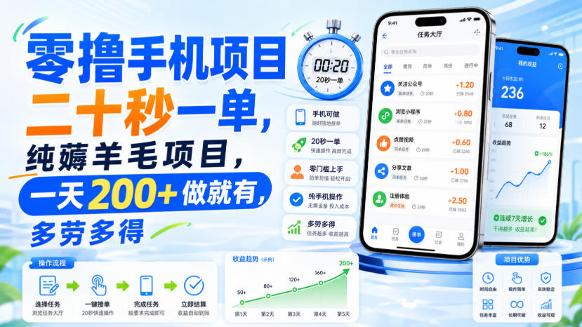 零撸手机项目,二十秒一单,纯薅羊毛项目,一天200+做就有,多劳多得【揭秘】网络赚钱,项目资源网,副业资源网,兼职项目,网赚课程-副业赚钱-互联网创业-独家轻创IP大圣网创