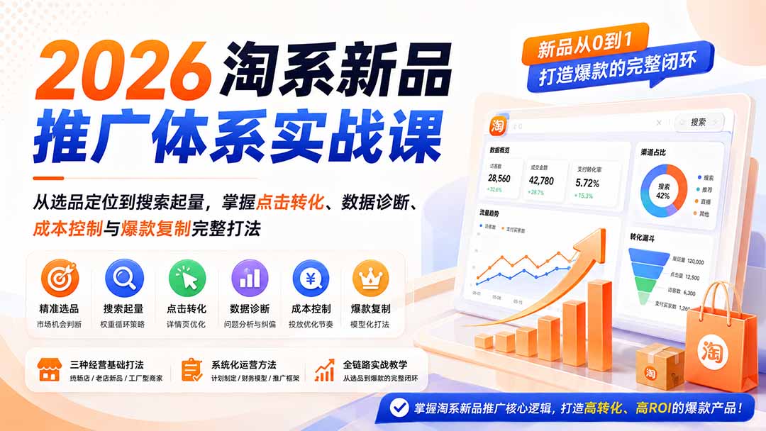 2026淘系新品推广体系实战课:从选品定位到搜索起量,掌握点击转化、数据诊断、成本控制与爆款复制完整打法网络赚钱,项目资源网,副业资源网,兼职项目,网赚课程-副业赚钱-互联网创业-独家轻创IP大圣网创