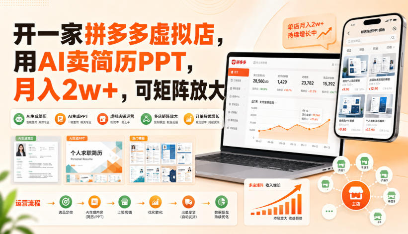 开一家拼多多虚拟店,用AI卖简历PPT,月入2w+,可矩阵放大【揭秘】网络赚钱,项目资源网,副业资源网,兼职项目,网赚课程-副业赚钱-互联网创业-独家轻创IP大圣网创