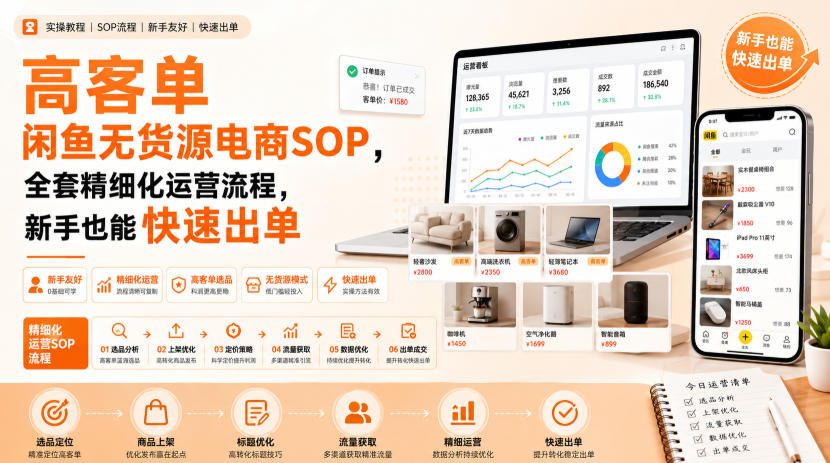 高客单闲鱼无货源电商SOP，全套精细化运营流程，新手也能快速出单网络赚钱,项目资源网,副业资源网,兼职项目,网赚课程-副业赚钱-互联网创业-独家轻创IP大圣网创