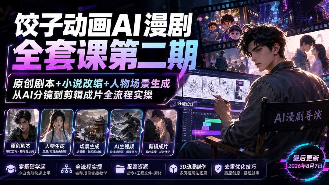 饺子动画AI漫剧全套课第二期:原创剧本+小说改编+人物场景生成,从AI分镜到剪辑成片全流程实操网络赚钱,项目资源网,副业资源网,兼职项目,网赚课程-副业赚钱-互联网创业-独家轻创IP大圣网创