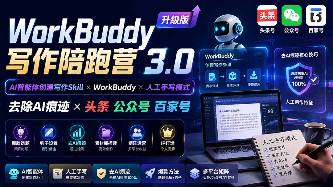 WorkBuddy写作陪跑营3.0-更新:Ai智能体创建写作Skill×WorkBuddy×人工手写模式×去除AI痕迹×头条公众号百家号网络赚钱,项目资源网,副业资源网,兼职项目,网赚课程-副业赚钱-互联网创业-独家轻创IP大圣网创