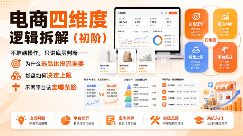 电商四维度逻辑拆解(初阶)不堆砌操作，只讲底层判断——为什么选品比投流重要、货盘如何决定上限、不同平台该走哪条路网络赚钱,项目资源网,副业资源网,兼职项目,网赚课程-副业赚钱-互联网创业-独家轻创IP大圣网创