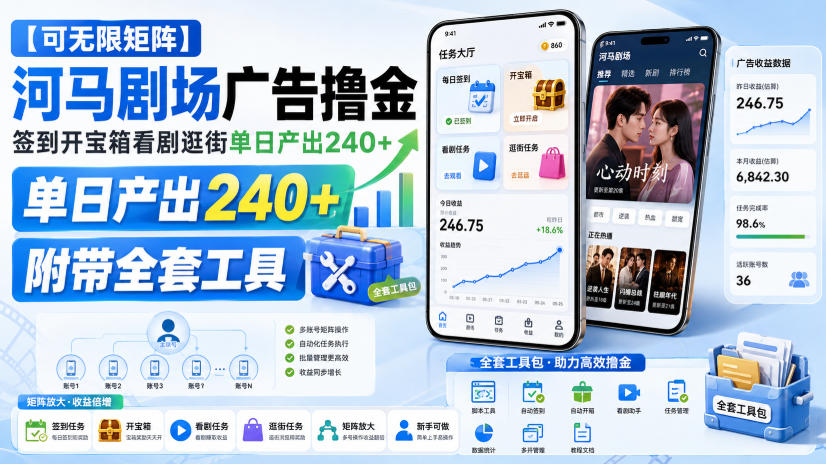 【可无限矩阵】河马剧场广告撸金，签到开宝箱看剧逛街单日产出240+，附带全套工具【揭秘】网络赚钱,项目资源网,副业资源网,兼职项目,网赚课程-副业赚钱-互联网创业-独家轻创IP大圣网创
