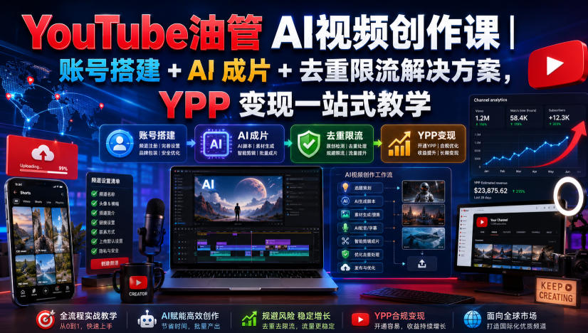 YouTube油管AI视频创作课|账号搭建+AI成片+去重限流解决方案,YPP变现一站式教学(更新0817)网络赚钱,项目资源网,副业资源网,兼职项目,网赚课程-副业赚钱-互联网创业-独家轻创IP大圣网创