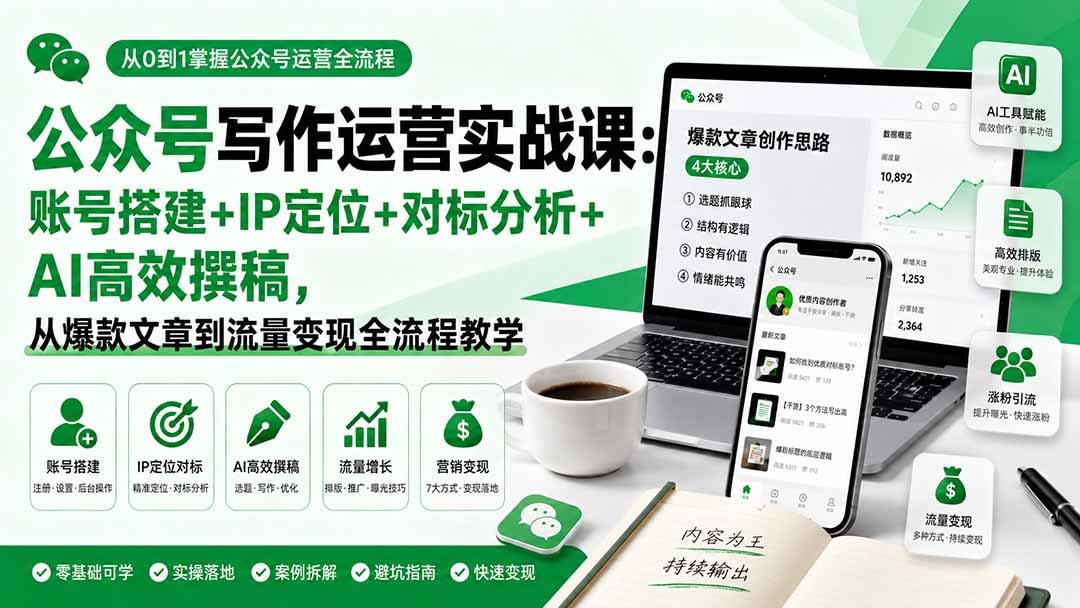 公众号写作运营实战课:账号搭建+IP定位+对标分析+AI高效撰稿,从爆款文章到流量变现全流程教学网络赚钱,项目资源网,副业资源网,兼职项目,网赚课程-副业赚钱-互联网创业-独家轻创IP大圣网创