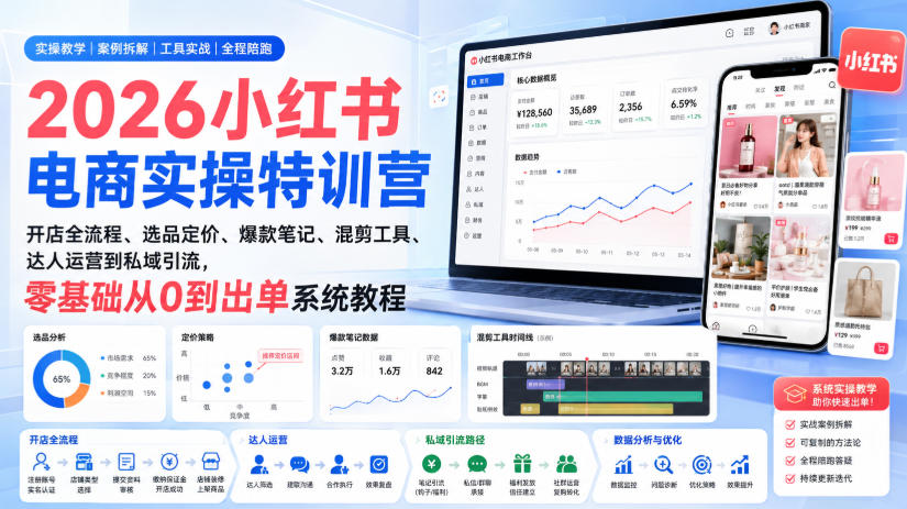 2026小红书电商实操特训营｜开店全流程、选品定价、爆款笔记、混剪工具、达人运营到私域引流，零基础从0到出单系统教程网络赚钱,项目资源网,副业资源网,兼职项目,网赚课程-副业赚钱-互联网创业-独家轻创IP大圣网创