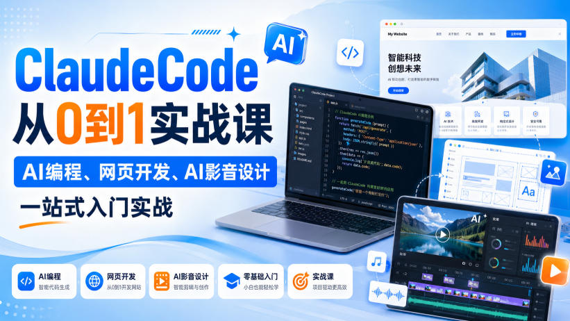 ClaudeCode从0到1实战课，AI编程、网页开发、AI影音设计一站式入门实战网络赚钱,项目资源网,副业资源网,兼职项目,网赚课程-副业赚钱-互联网创业-独家轻创IP大圣网创