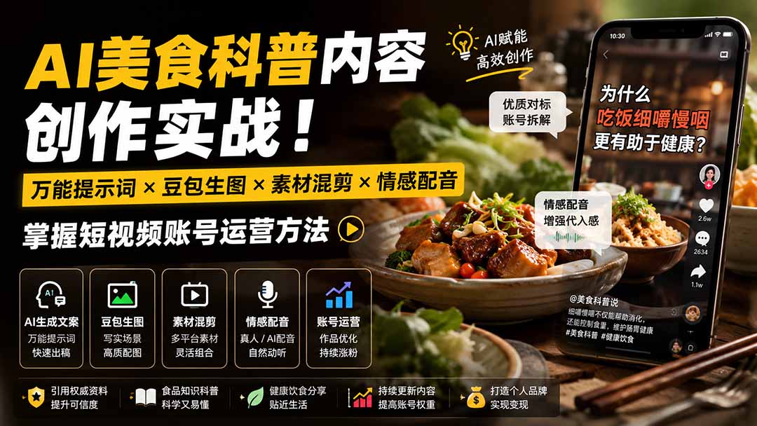 外面卖199元-AI美食科普内容创作实战！万能提示词×豆包生图×素材混剪×情感配音，掌握短视频账号运营方法网络赚钱,项目资源网,副业资源网,兼职项目,网赚课程-副业赚钱-互联网创业-独家轻创IP大圣网创