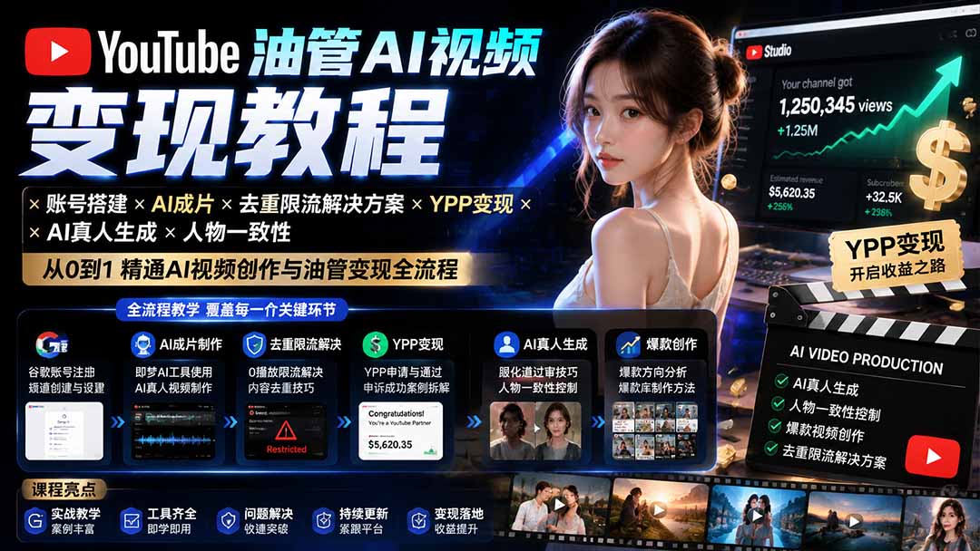 YouTube油管AI视频变现教程-更新：账号搭建×AI成片×去重限流解决方案×YPP变现×AI真人生成×人物一致性网络赚钱,项目资源网,副业资源网,兼职项目,网赚课程-副业赚钱-互联网创业-独家轻创IP大圣网创
