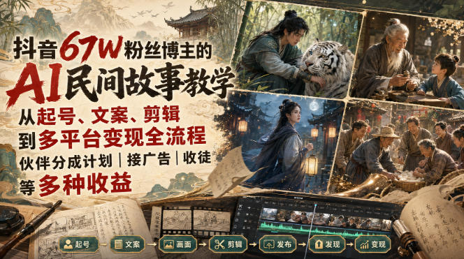 抖音67W粉丝博主的AI民间故事教学，从起号、文案、剪辑到多平台变现全流程，伙伴分成计划接广告等多种收益，月入1W+网络赚钱,项目资源网,副业资源网,兼职项目,网赚课程-副业赚钱-互联网创业-独家轻创IP大圣网创