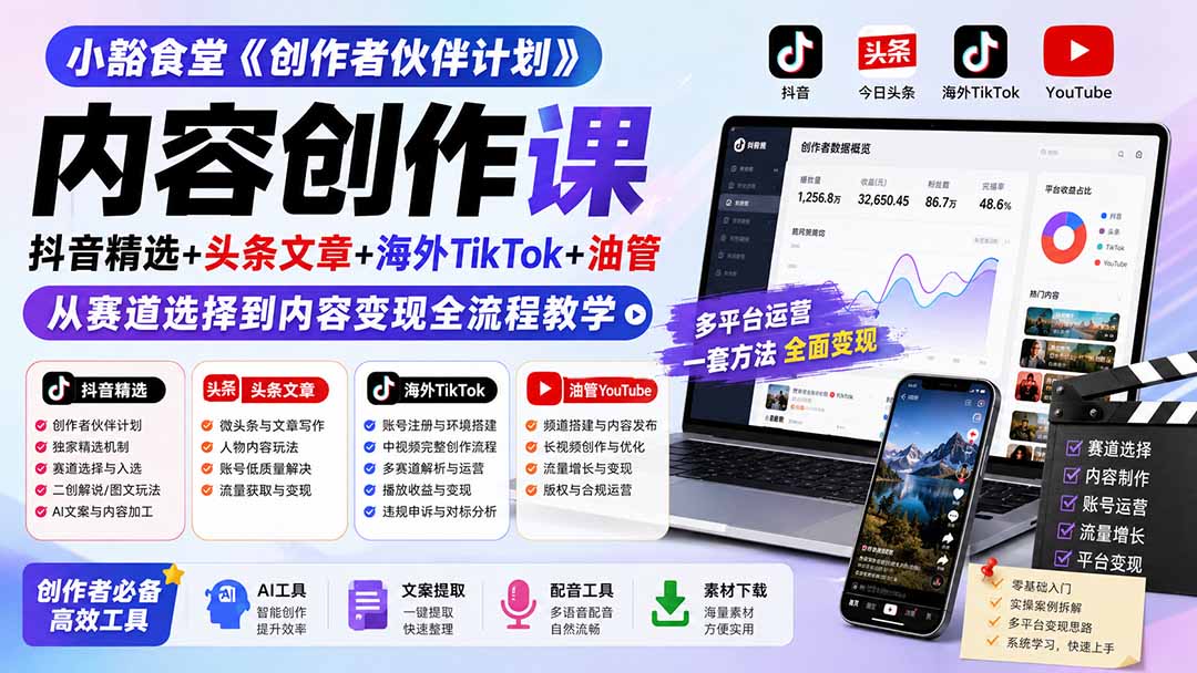 小豁食堂《创作者伙伴计划》内容创作课：抖音精选+头条文章+海外TikTok+油管，从赛道选择到内容变现全流程教学网络赚钱,项目资源网,副业资源网,兼职项目,网赚课程-副业赚钱-互联网创业-独家轻创IP大圣网创