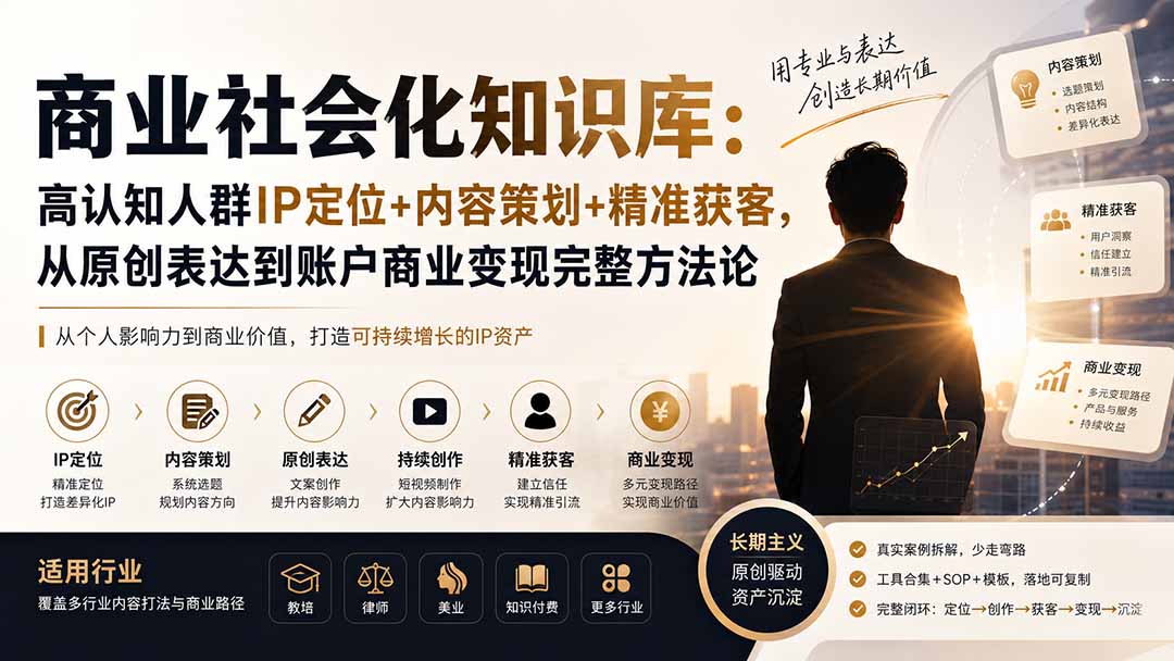 商业社会化知识库：高认知人群IP定位+内容策划+精准获客，从原创表达到账户商业变现完整方法论网络赚钱,项目资源网,副业资源网,兼职项目,网赚课程-副业赚钱-互联网创业-独家轻创IP大圣网创