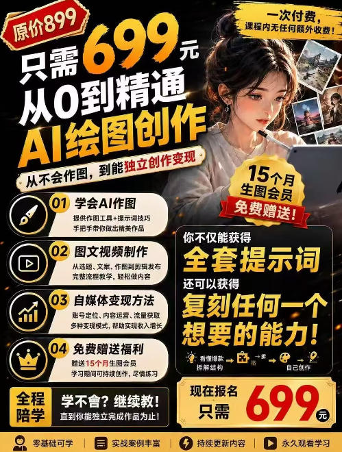 抖音10W粉丝博主的AI绘图教学,从0到精通AI绘图创作,从不会作图到能独立创作变现网络赚钱,项目资源网,副业资源网,兼职项目,网赚课程-副业赚钱-互联网创业-独家轻创IP大圣网创
