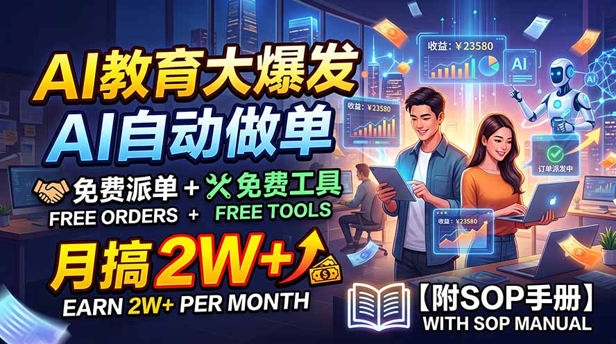 AI教育大爆发，AI自动做单，免费派单+免费工具，月搞2W+【附SOP手册】网络赚钱,项目资源网,副业资源网,兼职项目,网赚课程-副业赚钱-互联网创业-独家轻创IP大圣网创