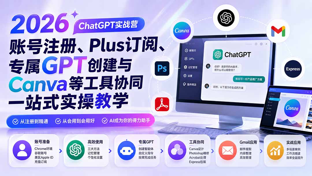2026 ChatGPT实战营；账号注册、Plus订阅、专属GPT创建与Canva等工具协同一站式实操教学网络赚钱,项目资源网,副业资源网,兼职项目,网赚课程-副业赚钱-互联网创业-独家轻创IP大圣网创
