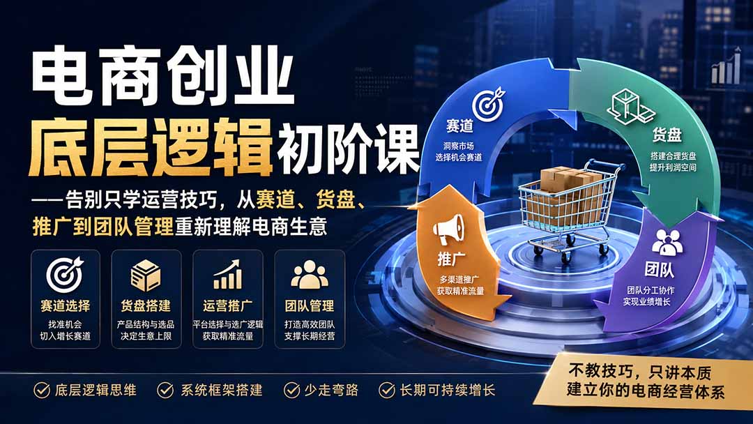 电商创业底层逻辑初阶课——告别只学运营技巧，从赛道、货盘、推广到团队管理重新理解电商生意网络赚钱,项目资源网,副业资源网,兼职项目,网赚课程-副业赚钱-互联网创业-独家轻创IP大圣网创