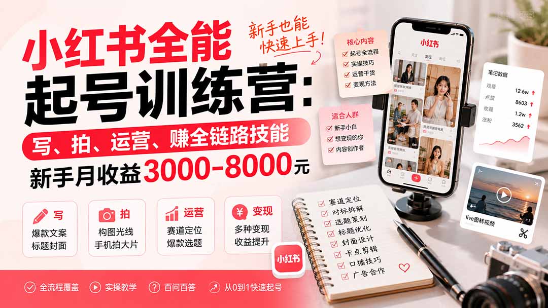 小红书全能起号训练营-更新：写、拍、运营、赚全链路技能，新手月收益3000-8000元网络赚钱,项目资源网,副业资源网,兼职项目,网赚课程-副业赚钱-互联网创业-独家轻创IP大圣网创