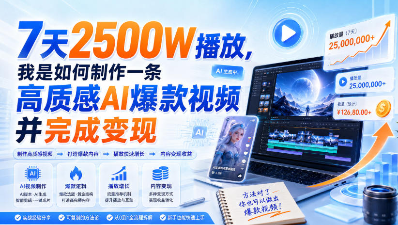 7天2500W播放，我是如何制作一条高质感AI爆款视频并完成变现网络赚钱,项目资源网,副业资源网,兼职项目,网赚课程-副业赚钱-互联网创业-独家轻创IP大圣网创