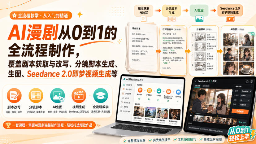 AI漫剧从0到1的全流程制作，覆盖剧本获取与改写、分镜脚本生成、角色场景生图与三视图、Seedance 2.0即梦视频生成(PDF版)网络赚钱,项目资源网,副业资源网,兼职项目,网赚课程-副业赚钱-互联网创业-独家轻创IP大圣网创