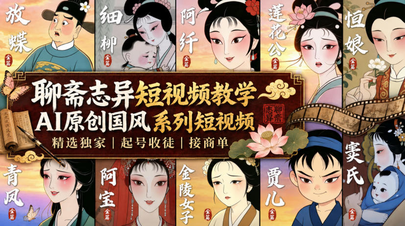 聊斋志异短视频教学,AI原创国风系列短视频,精选独家丨起号收徒丨接商单(更新0818)网络赚钱,项目资源网,副业资源网,兼职项目,网赚课程-副业赚钱-互联网创业-独家轻创IP大圣网创