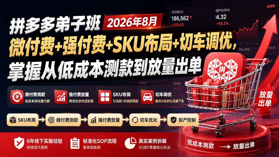 拼多多弟子班2026年8月：微付费+强付费+SKU布局+切车调优，掌握从低成本测款到放量出单网络赚钱,项目资源网,副业资源网,兼职项目,网赚课程-副业赚钱-互联网创业-独家轻创IP大圣网创