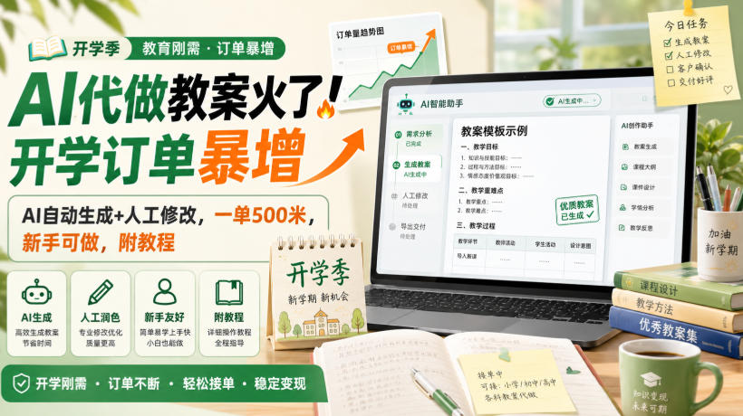 AI代做教案火了!开学订单暴增,AI自动生成+人工修改,一单500米,新手可做,附教程【揭秘】网络赚钱,项目资源网,副业资源网,兼职项目,网赚课程-副业赚钱-互联网创业-独家轻创IP大圣网创