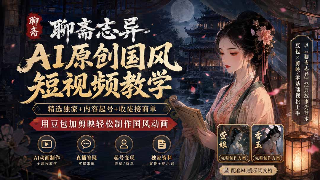 聊斋志异AI原创国风短视频教学-更新；精选独家+内容起号+收徒接商单，用豆包加剪映轻松制作国风动画网络赚钱,项目资源网,副业资源网,兼职项目,网赚课程-副业赚钱-互联网创业-独家轻创IP大圣网创