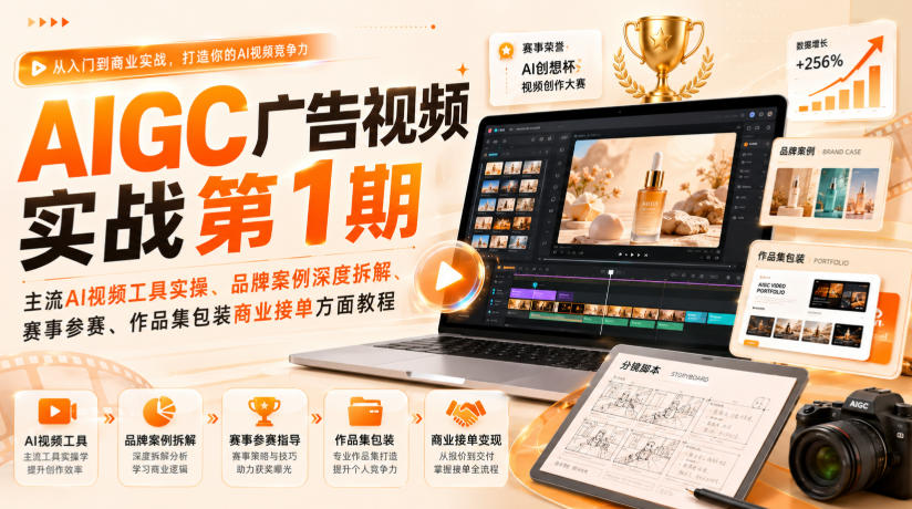 AIGC广告视频实战第1期,主流AI视频工具实操、品牌案例深度拆解、赛事参赛、作品集包装商业接单方面教程网络赚钱,项目资源网,副业资源网,兼职项目,网赚课程-副业赚钱-互联网创业-独家轻创IP大圣网创