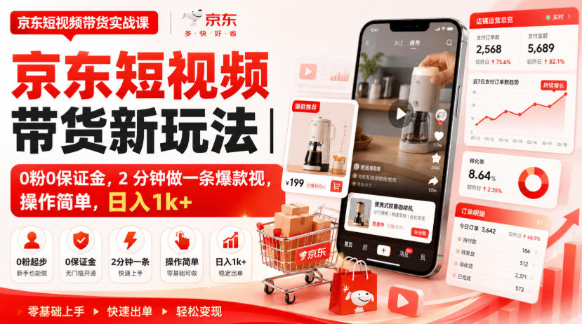 京东短视频带货新玩法｜0粉0保证金，2分钟做一条爆款视，操作简单，日入1k+【揭秘】网络赚钱,项目资源网,副业资源网,兼职项目,网赚课程-副业赚钱-互联网创业-独家轻创IP大圣网创