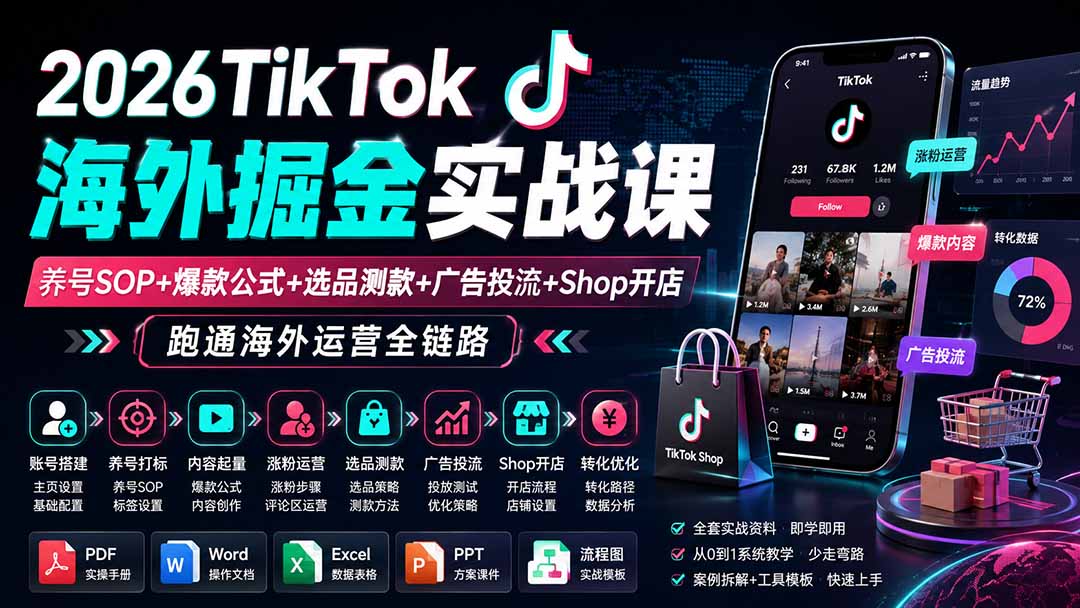 2026TikTok海外掘金实战课——养号SOP+爆款公式+选品测款+广告投流+Shop开店，跑通海外运营全链路网络赚钱,项目资源网,副业资源网,兼职项目,网赚课程-副业赚钱-互联网创业-独家轻创IP大圣网创