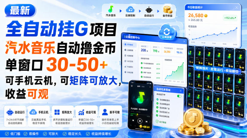 最新全自动挂G项目,汽水音乐自动撸金币单窗口30-50+,可手机云机,可矩阵可放大,收益可观网络赚钱,项目资源网,副业资源网,兼职项目,网赚课程-副业赚钱-互联网创业-独家轻创IP大圣网创
