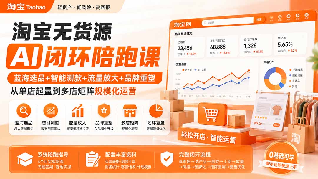 淘宝无货源AI闭环陪跑课：蓝海选品+智能测款+流量放大+品牌重塑，从单店起量到多店矩阵规模化运营网络赚钱,项目资源网,副业资源网,兼职项目,网赚课程-副业赚钱-互联网创业-独家轻创IP大圣网创