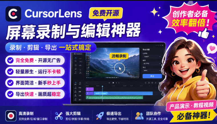 CursorLens免费开源录屏工具,支持自动缩放,教程视频录制必备神器网络赚钱,项目资源网,副业资源网,兼职项目,网赚课程-副业赚钱-互联网创业-独家轻创IP大圣网创