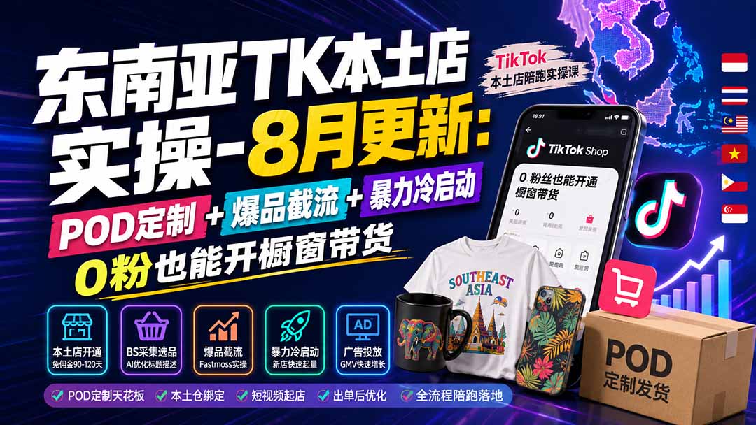 东南亚TK本土店实操-8月更新：POD定制+爆品截流+暴力冷启动，0粉也能开橱窗带货网络赚钱,项目资源网,副业资源网,兼职项目,网赚课程-副业赚钱-互联网创业-独家轻创IP大圣网创