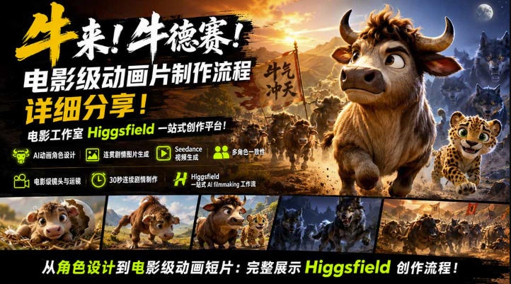 牛来！牛德赛！电影级动画片制作流程详细分享！电影工作室Higgsfield一站式创作平台，完整创作流程网络赚钱,项目资源网,副业资源网,兼职项目,网赚课程-副业赚钱-互联网创业-独家轻创IP大圣网创