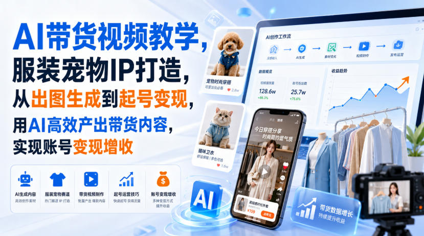 AI带货视频教学，服装宠物IP打造，从出图生成到起号变现，用AI高效产出带货内容，实现账号变现增收网络赚钱,项目资源网,副业资源网,兼职项目,网赚课程-副业赚钱-互联网创业-独家轻创IP大圣网创