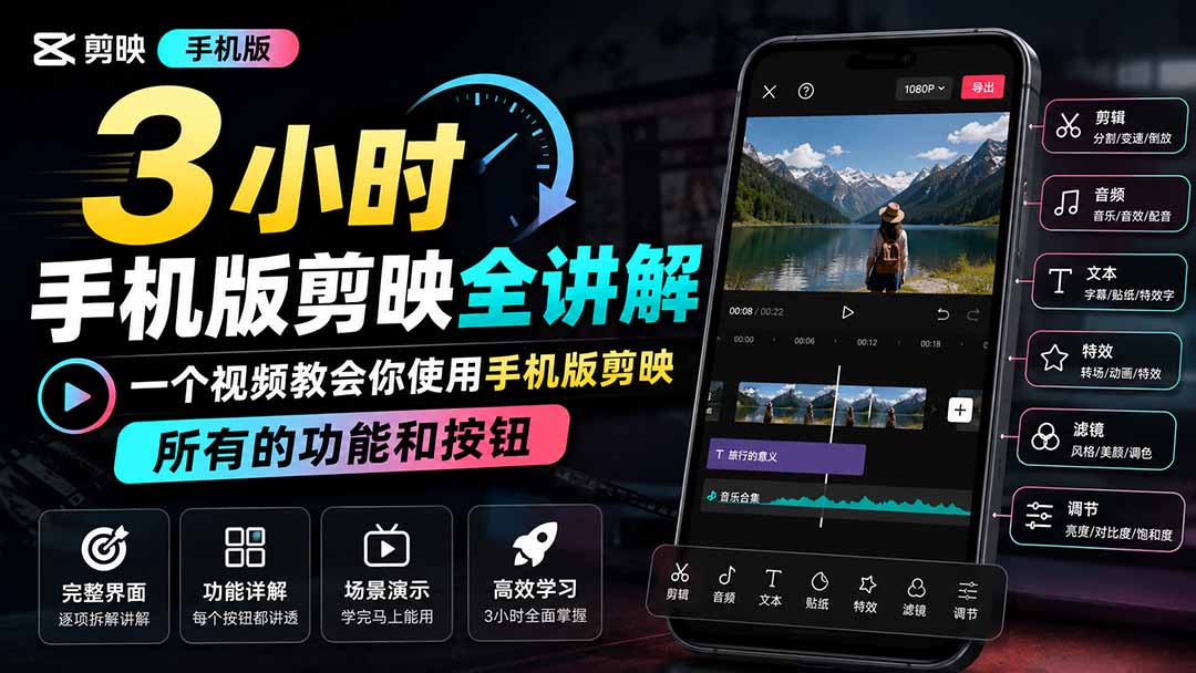3小时手机版剪映全讲解，一个视频教会你使用手机版剪映，所有的功能和按钮网络赚钱,项目资源网,副业资源网,兼职项目,网赚课程-副业赚钱-互联网创业-独家轻创IP大圣网创