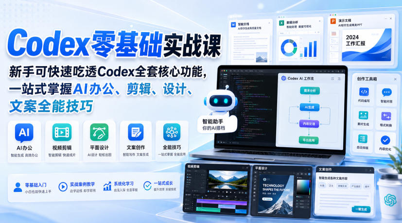 Codex零基础实战课，新手可快速吃透Codex全套核心功能，一站式掌握AI办公、剪辑、设计、文案全能技巧网络赚钱,项目资源网,副业资源网,兼职项目,网赚课程-副业赚钱-互联网创业-独家轻创IP大圣网创