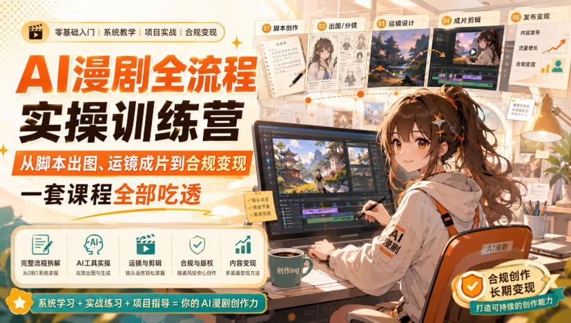 AI漫剧全流程实操训练营,从脚本出图、运镜成片到合规变现,一套课程全部吃透网络赚钱,项目资源网,副业资源网,兼职项目,网赚课程-副业赚钱-互联网创业-独家轻创IP大圣网创