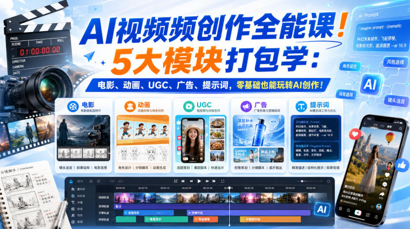 AI视频频创作全能课!5大模块打包学:电影、动画、UGC、广告、提示词,零基础也能玩转AI创作!【原创双语字幕】网络赚钱,项目资源网,副业资源网,兼职项目,网赚课程-副业赚钱-互联网创业-独家轻创IP大圣网创