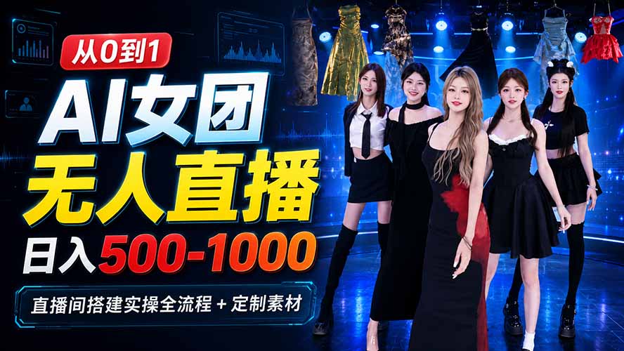AI 女团无人直播，躺入500-1000每天，直播间搭建实操全流程+定制素材网络赚钱,项目资源网,副业资源网,兼职项目,网赚课程-副业赚钱-互联网创业-独家轻创IP大圣网创