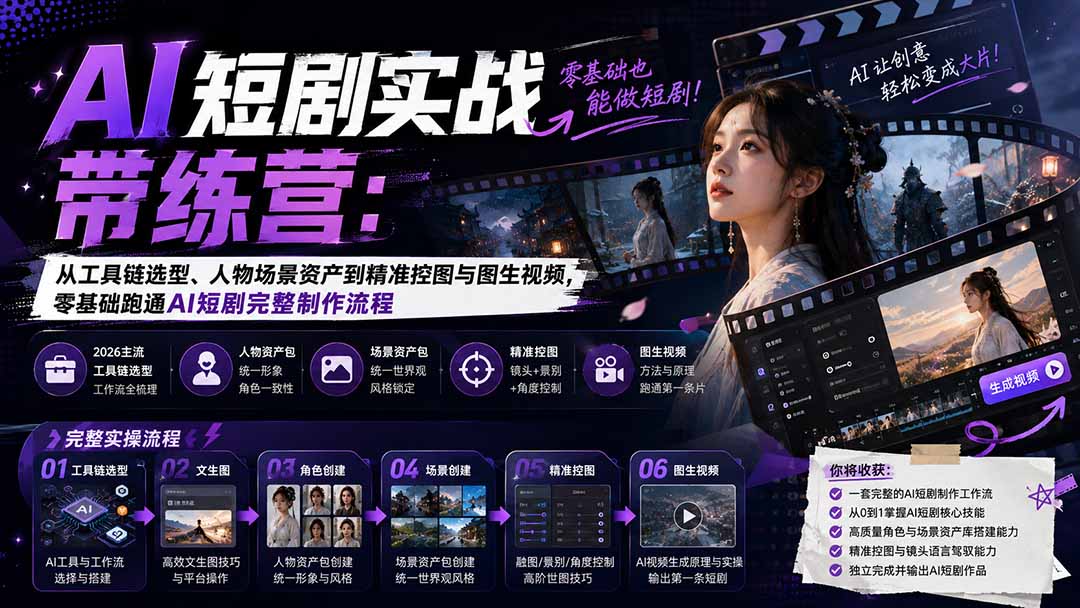 AI短剧实战训练营:从工具链选型、人物场景资产到精准控图与图生视频,零基础跑通AI短剧完整制作流程网络赚钱,项目资源网,副业资源网,兼职项目,网赚课程-副业赚钱-互联网创业-独家轻创IP大圣网创
